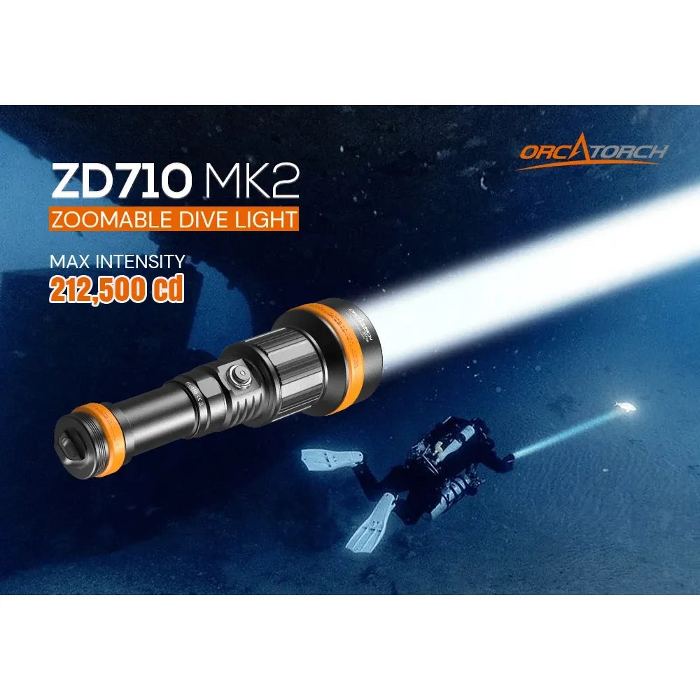 Orcatorch ZD710 MK2 justerbar dykklampa och videolampa
